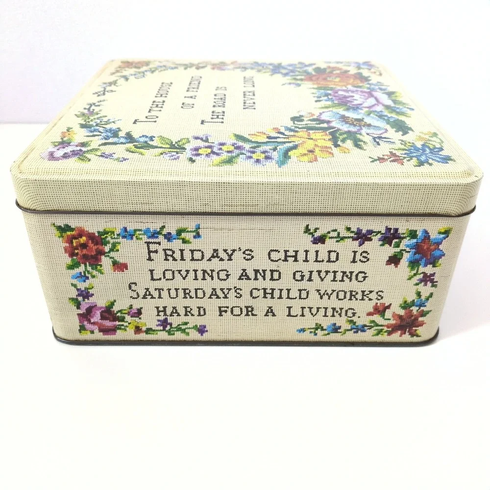 Vintage Carr's of‎ Carlisle England Needlepoint Floral Tin Box Cottagecore Cream